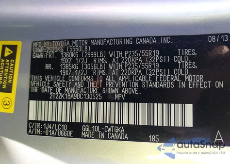 2013 Lexus Rx 350 z USA, uszkodzony, nr VIN 2T2ZK1BA9DC130525